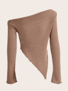 SHEIN ICON Y2K Grunge Asymmetrical Neck Lettuce Trim Tee - Khaki - View 2