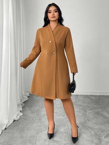 SHEIN Elenzya 大码女式优雅日常通勤宽松腰羊毛大衣 - 棕色 - 查看 8