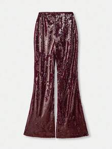 lacRébo Calça Flare com Lantejoulas Borgonha, Festa, Primavera, Mulheres, Outono, Primavera, Mulheres, Primavera, Verão, Festa - Vinho - Visão 9