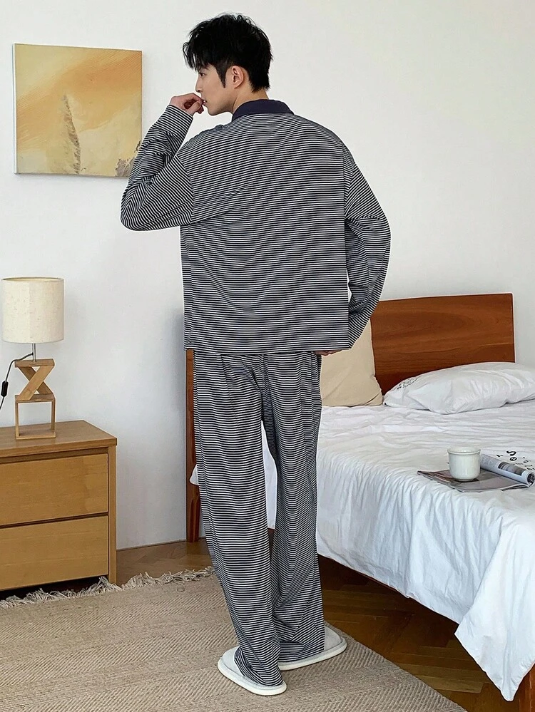 Men's Autumn Striped Pajama Set Top & Elastic Waistband Design Pants Fall Winter Clothes