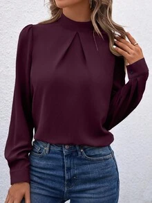 Áo cánh nữ tay dài cổ đứng màu trơn thiết kế xếp ly thanh lịch - Màu đỏ tím - Xem 3
