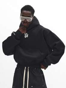 Áo Hoodie SUMWON dáng ngắn, rộng rãi, có dây rút, kiểu dáng cổ điển, tối giản, phong cách đường phố mùa đông, chất liệu lông cừu cao cấp, in logo, thời trang đô thị thường ngày, kiểu dáng đơn giản. - màu đen - Xem 5