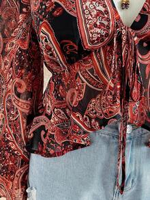 Soleia Plus Size Women's Back To School Vacation Clothes, V-Neck Textured Long Sleeve Ruffle Hem Blouse