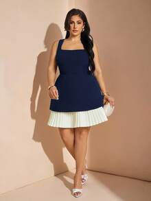 SHEIN BAE Vestido romántico y dulce de talla grande para mujer en negro y blanco, prenda para capas con detalles de encaje floral en contraste, adecuado para primavera, verano y otoño - Azul Marino - Ver 3