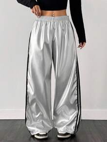 SHEIN EZwear Quần dài ống đứng rộng rãi cỡ lớn màu bạc thường ngày - Bạc - Xem 1