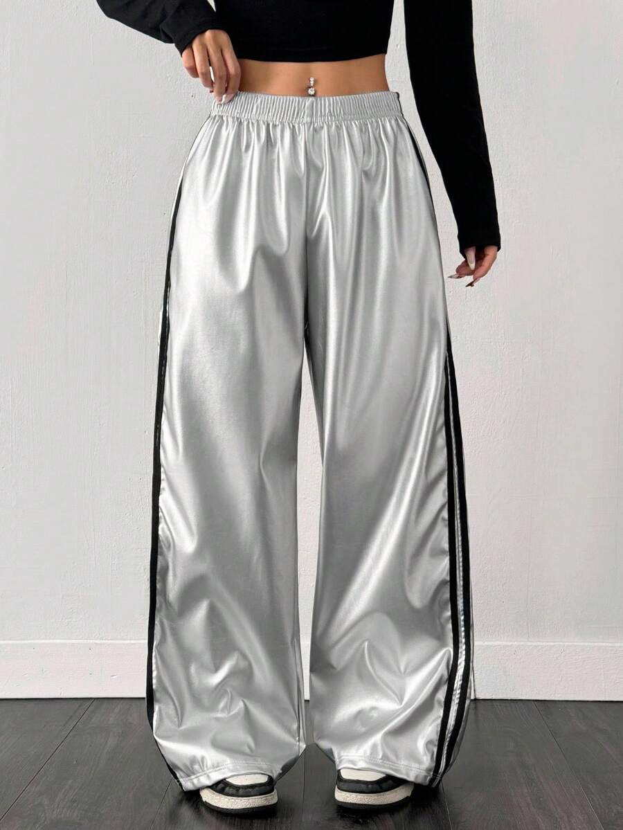SHEIN EZwear Quần dài ống đứng rộng rãi cỡ lớn màu bạc thường ngày - Bạc - Xem 1