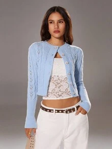 TRNVIE 1 pieza Cárdigan de mujer, azul, otoño/invierno, cuello redondo único, tejido retorcido, cintura ceñida, diseño de botón de strass, elegante - Celeste - Ver 6