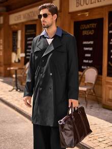 HIMLAND Abrigo casual de trench de doble botonadura y longitud media de unicolor para hombre, otoño - Negro - Ver 5