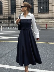 DAZY 女式休闲商务收腰长袖中长连衣裙 - 藏蓝色 - 查看 7