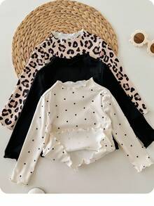 SHEIN 3 件 Babygirl 休闲百搭针织豹纹波点图案长袖上衣 - 彩色 - 查看 4