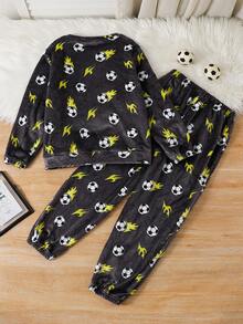 SHEIN 2pcs Tween Boy Football Pattern Crew Neck Long Sleeve Top And Soft Fleece Pajama Pants Set, Comfortable Homewear Sleepwear, Autumn/Winter Fall - Grey - View 2