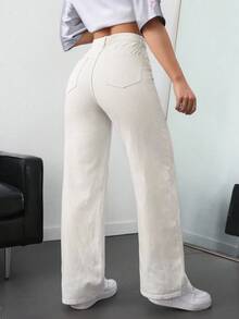 SHEIN ICON 纯色口袋休闲百搭直筒牛仔裤