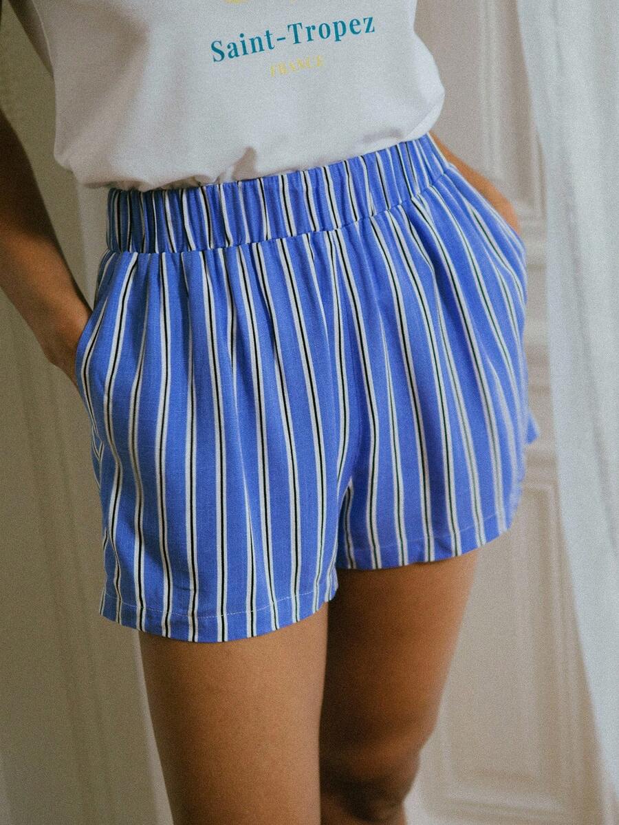 SHEIN Unity Quần short ống rộng sọc xanh cổ điển dành cho nữ có dây chun ở eo - Màu xanh lam - Xem 1