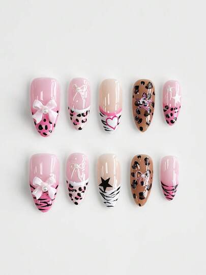 Anime 10 Stück süße Schleifen-Musik-Noten-Stern-Elemente hochwertige handgefertigte Kunstnägel + 3 Stück doppelseitiger Kleber, Y2K französischer Stil Strass-Kette Polka-Punkt abnehmbare Nail-Art-Aufkleber, geeignet für Feiertage, Partys, Tanzen und den täglichen Gebrauch