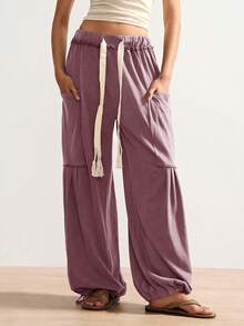 Bohemela Boho Solid Color Knit Loose Women's Pants, Casual Holiday