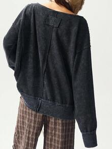 Bohemela Moletom Feminino Casual de Cor Sólida, Decote em V, Manga Longa, Caimento Solto, Roupas de Outono e Inverno para Mulheres - Preto - Visão 6