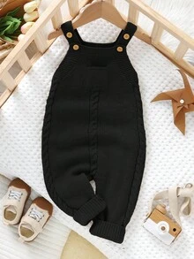 SHEIN Unisex Baby Casual Minimalist Light Green Knitted Jumpsuit With Suspenders Baby Boy Overall Set Black Baby Clothes Black And White Outfit Baby Tuxedo Onepiece Newborn Black Outfit Fall Winter - Black - View 5