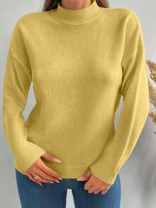 EURMUSE Women's Casual Solid Color Drop Shoulder Pullover Sweater - Yellow - View 4