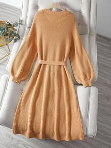 SHEIN Franclia 女式休闲罗纹针织纽扣灯笼袖中长连衣裙，秋冬 - 卡其色 - 查看 2