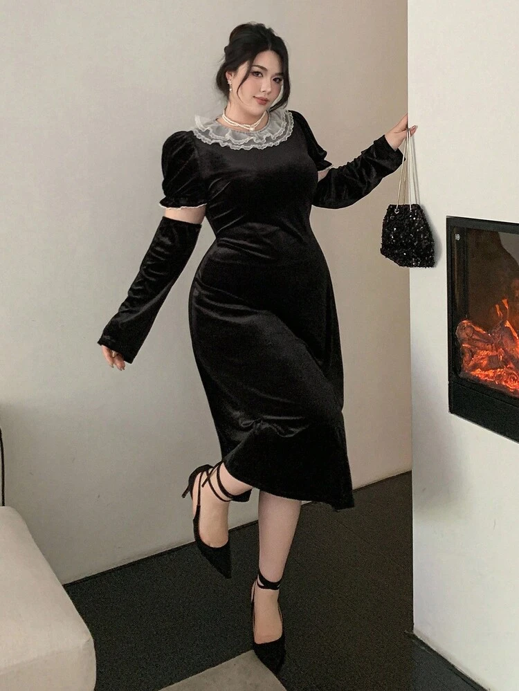 Dazy Plus Christmas Plus Size Women's Contrast Color Patchwork Peter Pan Collar Elastic Thick Velvet Waist Cinched Long Sleeve Dress, Black, Formal Occasion, Autumn/Winter Dress