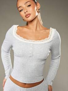 MISSGUIDED Cotton Ribbed Double Layer Square Neck Top With Delicate Lace Trim Long Sleeve Fitted Design Perfect For Layering Casual Wear Fall Winter Basics Collection - Grey - View 5