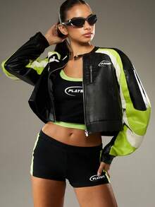 Missguided x Playboy 短款系列飞行员夹克，机车风格，街头时尚，霓虹色块拼接，兔子标志，星星皮革外观，机车风格外套，复古现代设计 - 彩色 - 查看 6