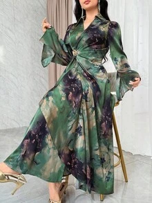 Modelyn Women's Elegant Floral Print Flare Sleeve Dress Green Floral Dress Women Green Satin Dress