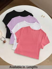 SHEIN Tall CURVE Plus Size 4-Piece Set Solid Color Cropped Round Neck Short Sleeve Fitted Women T-Shirt, Suitable For Summer