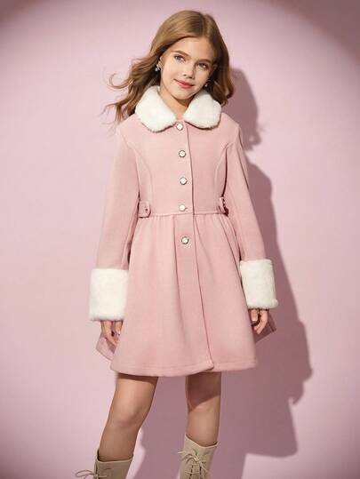 少女优雅单排扣翻领中长款喇叭形大衣，配人造毛领和袖口，适合秋冬季日常穿着、参加派对和通勤。