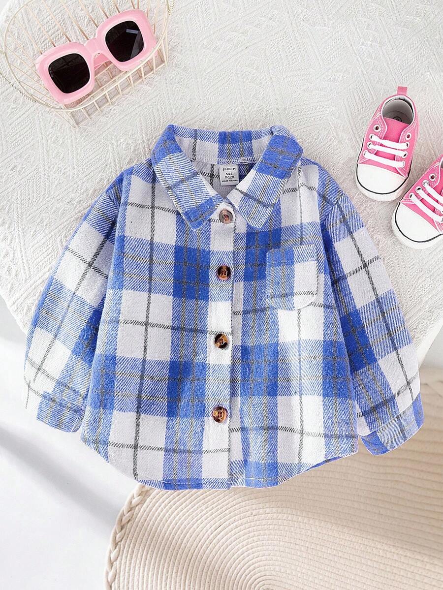 SHEIN Baby Girl In Spring And Autumn, Fashionable, Simple, Retro, Versatile Rose Red Plaid Wool Warm Long-Sleeved Lapel Button-Up Shirt Jacket, Daily Wear, Must-Have - Blue - View 1