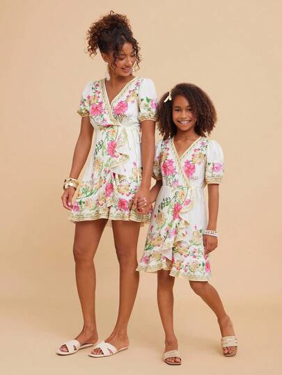 Travachic KIDS Tween Girl Casual Blommig Kortärmad Klänning, Mamma Och Jag Matchande Outfits (2 Delar Säljs Separat)