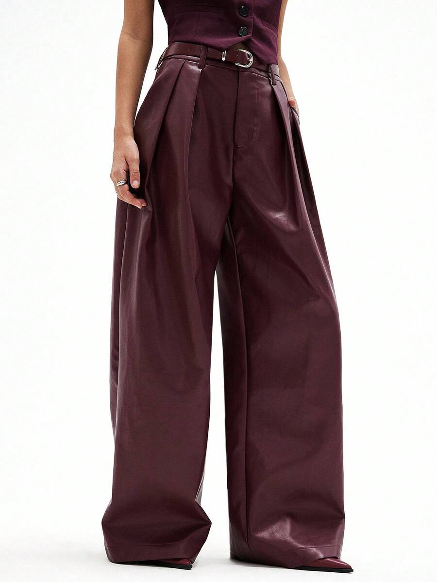 GENKIRA 勃艮第酒红色 PU 皮革褶皱宽松系带直筒休闲百搭女裤 - 酒紅色 - 查看 1