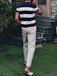 Manfinity Homme Men's Striped Knitted Casual Short Sleeved Round Neck Sweater, Suitable For Daily Commuting - Multicolor - View 3