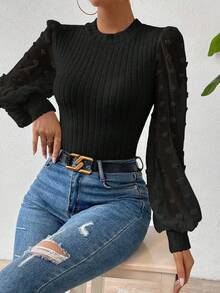 SHEIN Women's Solid Color Round Neck Lantern Sleeve Ribbed Fashionable Top - Black - View 3