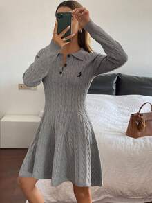 DAZY 女士休闲绣花领针织长袖毛衣裙，秋季 - 灰色 - 查看 4