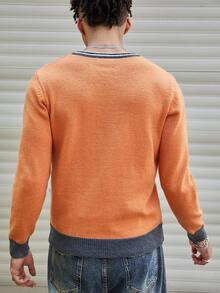 Manfinity CasualKnits 男士条纹板球毛衣 男士毛衣上衣 男士 V 领毛衣 橙色针织毛衣 男士橙色毛衣 男士针织上衣，秋冬 - 彩色 - 查看 4