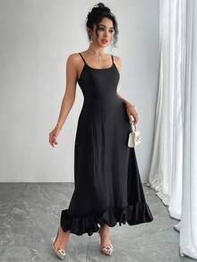 DAZY Women's Spaghetti Strap Bodycon Puff Skirt A-Line Dress - Black - View 5