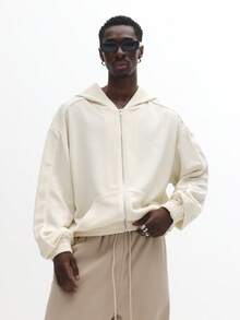 SUMWON Regular Textured Full Zip Hoodie With Piping Detail Drawstring Relaxed Fit Casual Wear Sweatshirt Loungewear Zip Up Jacket With Side Pockets Winter Fashion Plain - Apricot - View 1