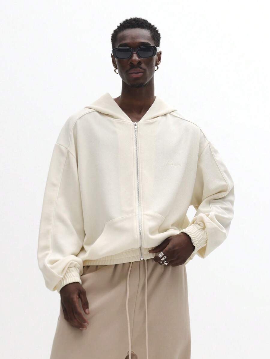 SUMWON Regular Textured Full Zip Hoodie With Piping Detail Drawstring Relaxed Fit Casual Wear Sweatshirt Loungewear Zip Up Jacket With Side Pockets Winter Fashion Plain - Apricot - View 1