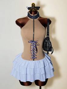 Mistrie 2025 女士新款性感无袖 V 领露肩时尚大胆女孩宽松泡泡袖连衣裙露肩露背上衣和连衣裙，颜色拼布迷你连衣裙 - 棕色 - 查看 3