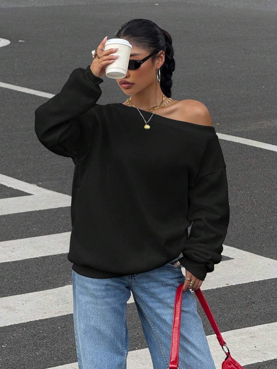 Muchica Áo nỉ vai chéo rộng rãi có lót nhiệt cho nữ, màu đen, mùa thu/đông - màu đen - Xem 1