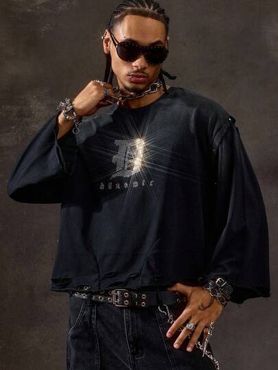 Street Life Men's Distressed Diamond Print Long Sleeve T-Shirt, Loose Cropped Fit, For Fall, 2000s Style