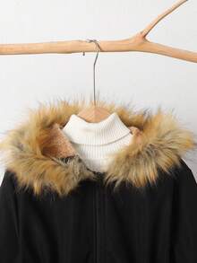 SHEIN Tween Girl 女童贴片细节抽绳腰部毛茸茸饰边连帽保暖内衬派克大衣，非常适合秋冬季休闲、日常穿着和上学日常穿着 - 黑色 - 查看 5