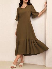 Lacomfia 2025年夏季新款女士V领褶皱A字连衣裙 - 咖啡棕 - 查看 3