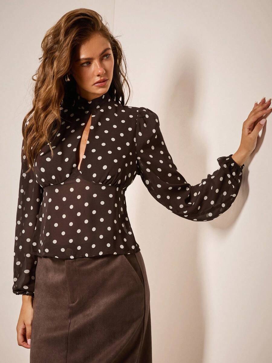 COSMINA 女式波尔卡圆点印花中式领长袖镂空设计时尚衬衫 - 彩色 - 查看 1