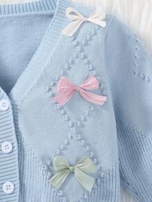 SHEIN Baby Girls Knitted Long Sleeve Cardigan Sweater + Suspender Romper Two Pieces Set, Elegant & Stylish, Suitable For Autumn/Winter, Versatile For Daily Casual, Indoor, Outdoor, And Travel Fall - Blue - View 4