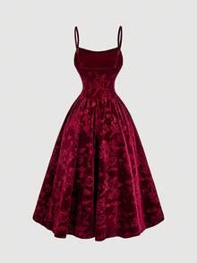 SHEIN MOD 女士花卉提花优雅褶皱中长吊带连衣裙，天鹅绒连衣裙，锦缎提花连衣裙，酒红色连衣裙，栗色连衣裙，酒红色连衣裙，女士圣诞服装，圣诞派对连衣裙，新年服装，派对连衣裙，优雅晚礼服，秋季服装，冬季服装，优雅派对连衣裙，红色女士连衣裙，节日连衣裙，节日服装，圣诞老人连衣裙 - 酒紅色 - 查看 2