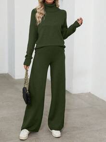 EMERY ROSE Women's Casual Solid Color Turtleneck Sweater And Knit Pants 2 Pieces Set, Autumn/Winter