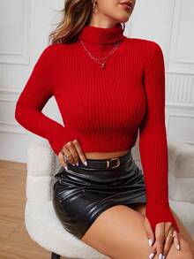 INAWLY Women's Solid Color Turtleneck Long Sleeve Cropped Fitted Sweater, Autumn/Winter - Red - View 3