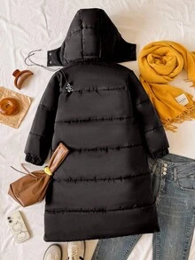 Tween 女童棉服外套，休闲百搭百搭，长款连帽棉服外套 - 黑色 - 查看 2